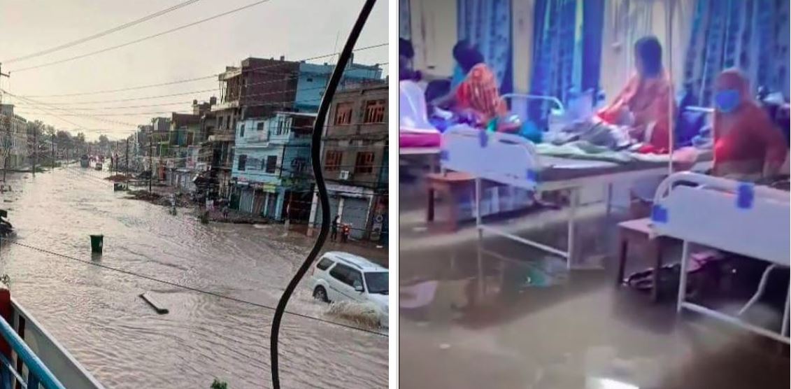 क्षणिक वर्षामै धनगढी जलमग्न, अस्पतालभित्रै पानी पसेपछि बिरामीकाे बिचल्ली